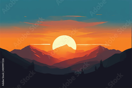 Sunset in mountains. Vector Background. Nature Landscape. 