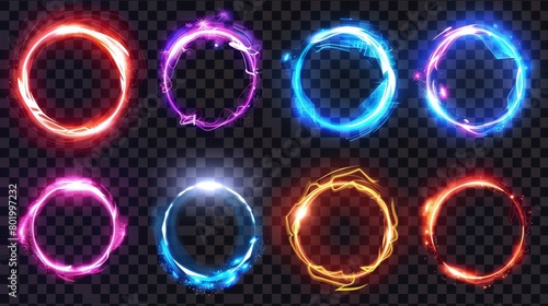 Realistic modern illustration set of glowing energy rings for time and space travel. Amazing electric shining round frame on transparent background.