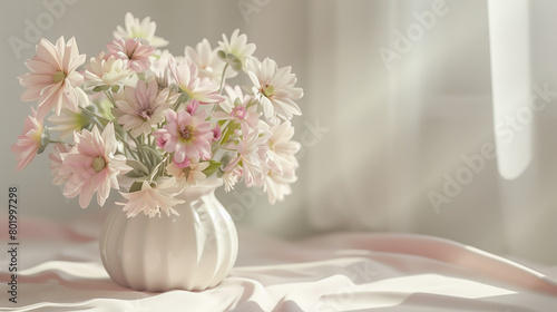 Digital illustration of soft pink flowers in white vase, minimalist interior, gentle morning light