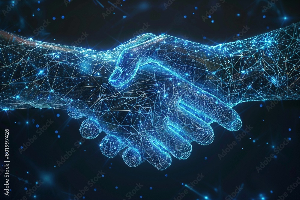 A futuristic handshake formed by glowing, neon blue lines in an intricate wireframe design, displayed on a dark, empty background. A futuristic handshake formed by glowing, neon blue lines in an intricate wireframe design, displayed on a dark, empty background.