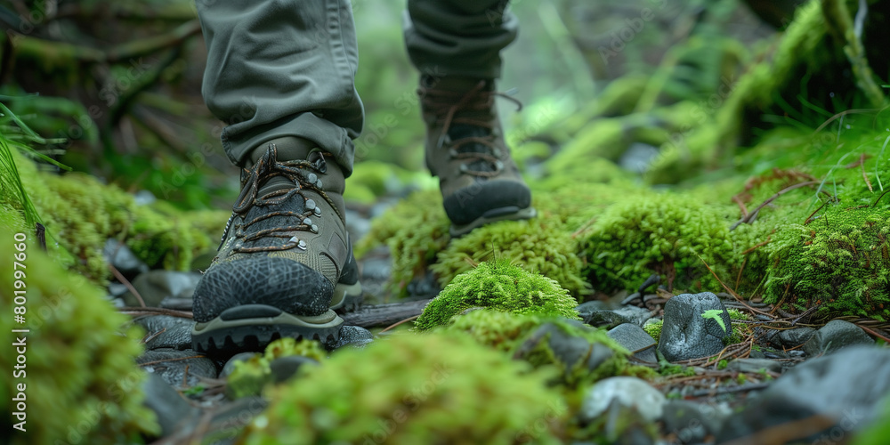 Hiking Shoes on Mossy Stony Path