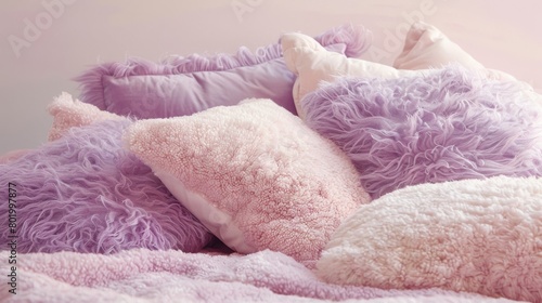 A pile of downy plush pillows in shades of blush pink and lavender..