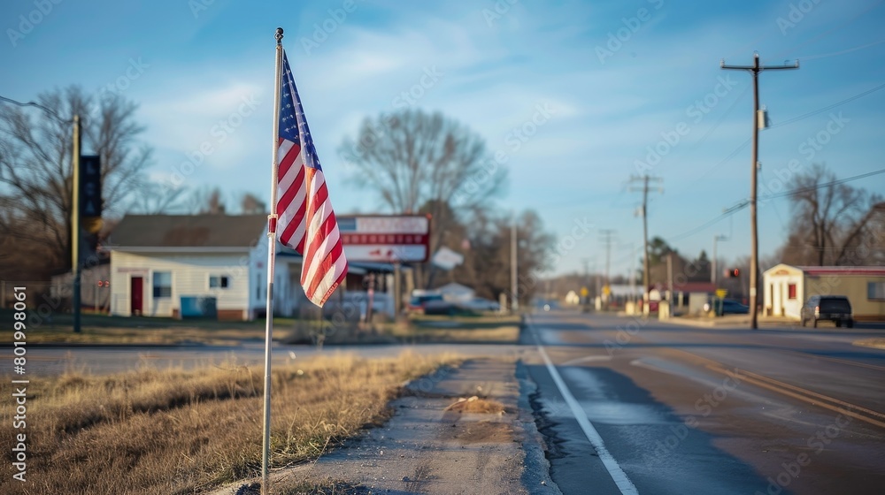 A poignant image of the American flag at a small town's welcome sign, capturing the essence of small-town America and its patriotic spirit, isolated background