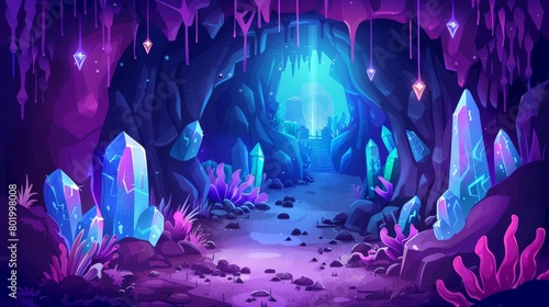 Cartoon crystal mine cave with treasure. Fantasy underground drawing landscape illustration. Coal tunnel with jewel inside rock mountain. Fantasy tale deep corridor background. © Mark