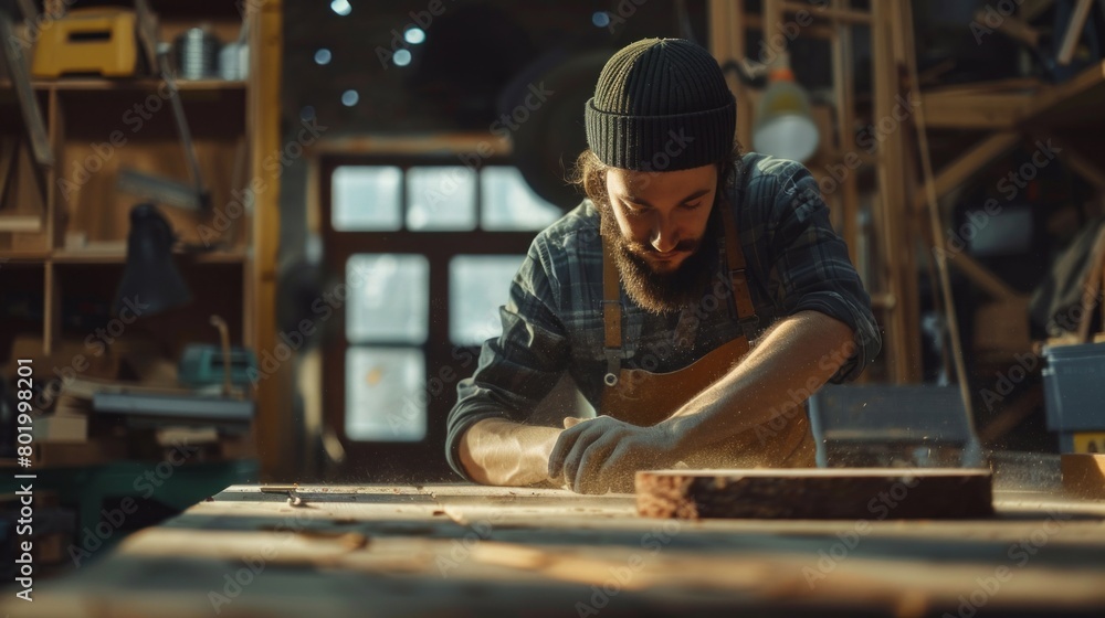 A man in a hat and apron is working on a piece of wood A man in a hat and apron is working on a piece of wood