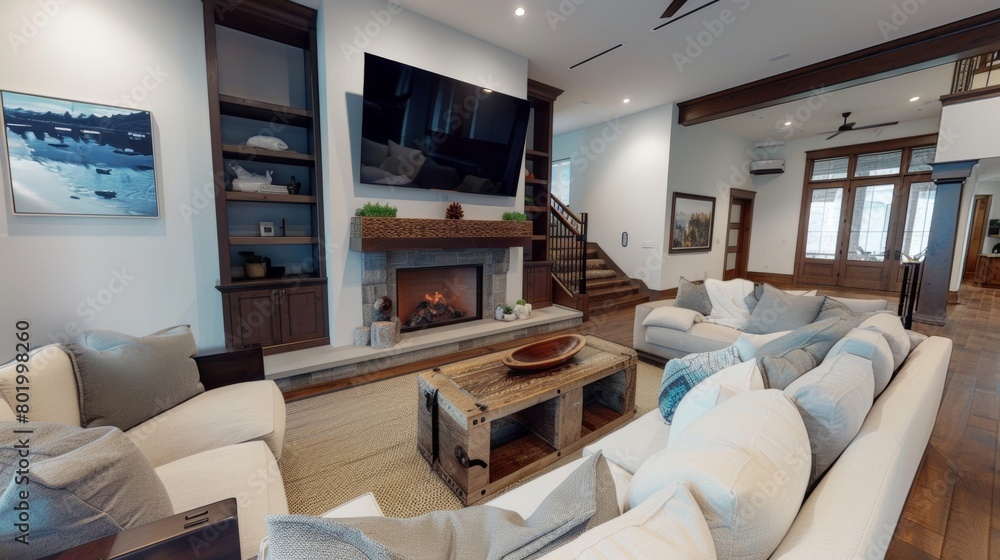 A spacious media room with a fireplace and a large TV above allowing for comfortable movie nights at home. 2d flat cartoon. A spacious media room with a fireplace and a large TV above allowing for comfortable movie nights at home. 2d flat cartoon.