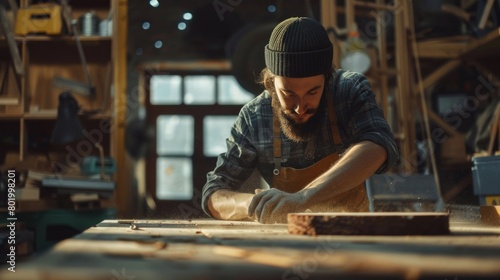A man in a hat and apron is working on a piece of wood