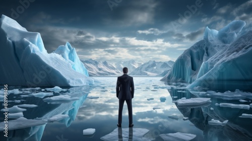 A focused businessman in a suit stands and looking at massive iceberg ahead, symbolizing the unseen challenges and potential risks in his business journey photo