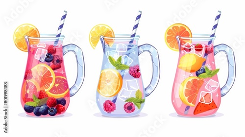 A cartoon glass jug, bottle, and cups containing a refreshing beverage made of lemon, orange, and berries. Modern set of mint leaves, ice cubes, and fruit slices for summer cocktails or lemonades.