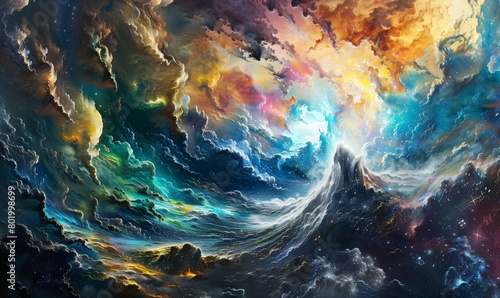 Ethereal storm of cosmic clouds swirls in a symphony of celestial colors