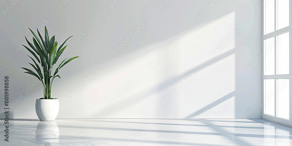 Empty white room with vase and window copy space background Empty white room with vase and window copy space background