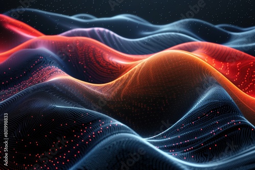 A captivating abstract cover showcasing a dimensional wave formed by 3D dots. The color palette blends dark gray, blue, and red hues on a sleek black background. photo