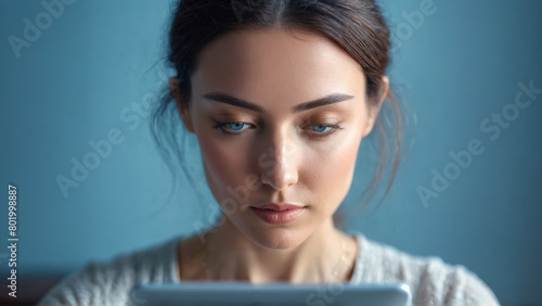 Focused woman using a meditation app brainwaves synchronizing mindfulness practice soft blue hues