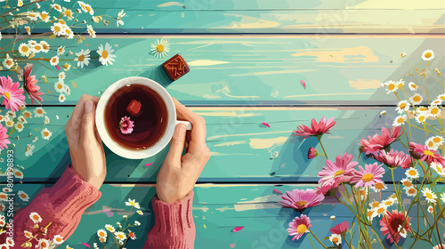 Female hands with cup of tea sweets and aster flowers photo