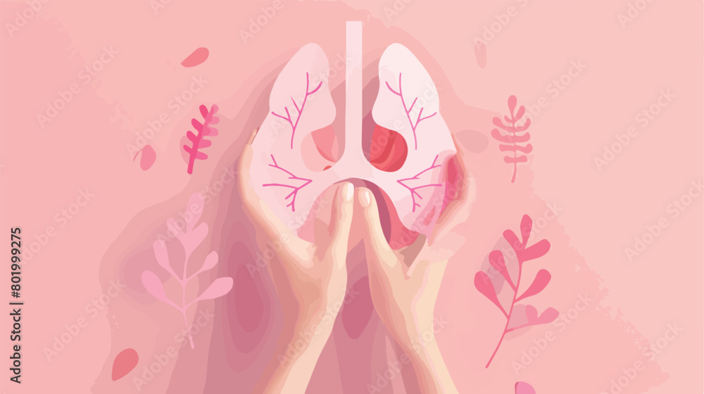 Female hands with paper lungs on pink background. Ban