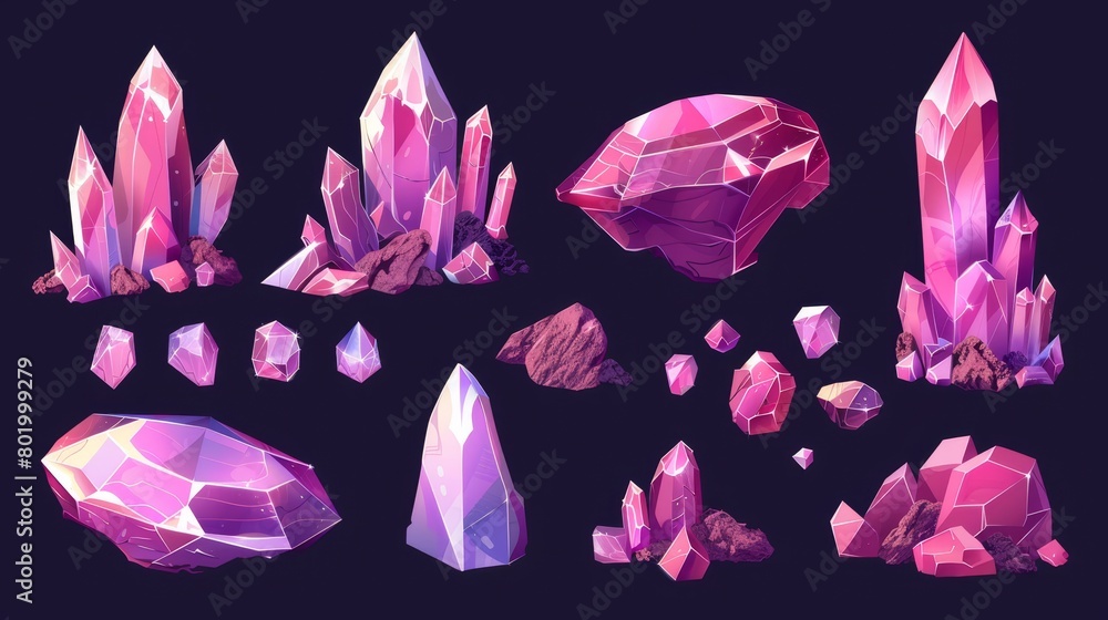Game level rank UI design with clusters of pink shiny gemstone crystals. Cartoon assets of piles of bright diamond raw materials. Game level rank UI design with clusters of pink shiny gemstone crystals. Cartoon assets of piles of bright diamond raw materials.