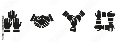 Teamwork And Cooperation Silhouette Icon Set. Business Alliance Symbol Collection. Human Hands Together Glyph Pictogram. Partnership, Partners Meeting Sign. Isolated Vector Illustration