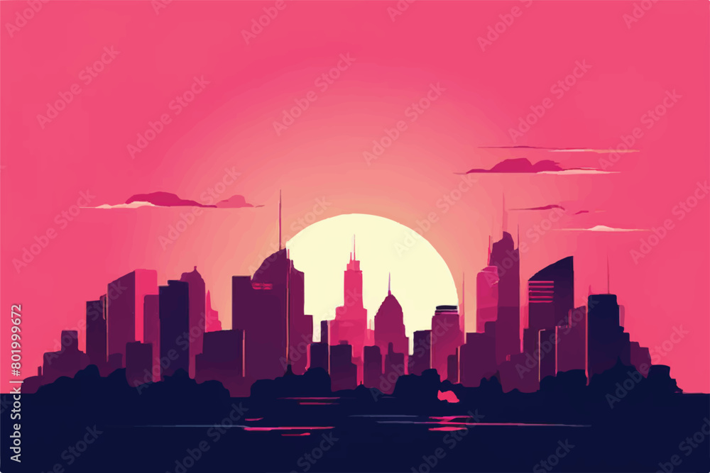 City Skyline at Sunset Illustration. City landscape. city buildings skyline modern architecture sunset cityscape background design. vector illustration.