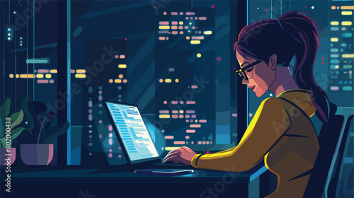 Female programmer with laptop in office Vector illustration