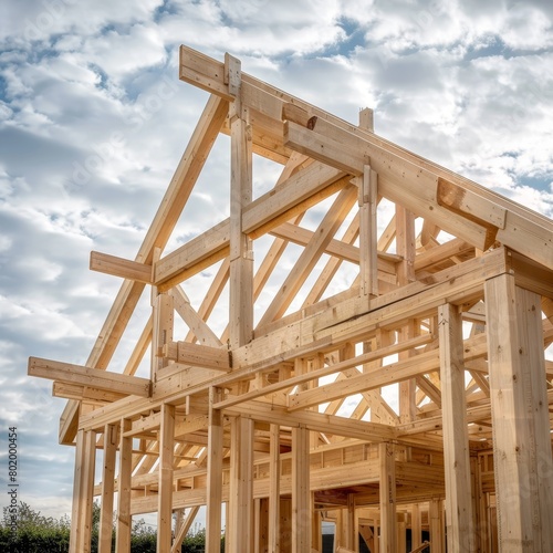 Wooden frame construction with truss, post, and beams for new house manufacturing process