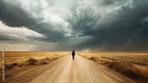 Lone Traveler Faces Impending Storm on Dusty Desert Road © tantawat
