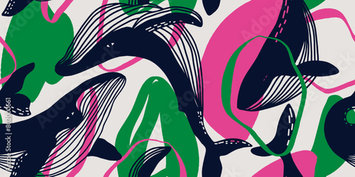 Seamless pattern with whales. Line art pattern for wallpaper, web page background, surface textures.
