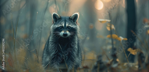 A raccoon peeks at the camera in the middle of a natural forest with morning sunlight