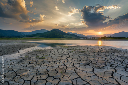 Dried up lake with cracked earth under sunset photo
