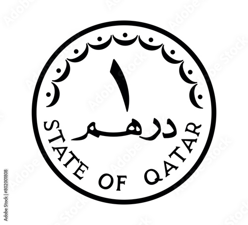 1 dirhams coin of Qatar. Coin side isolated on white background. The coin is depicted in black and white. Vector illustration.