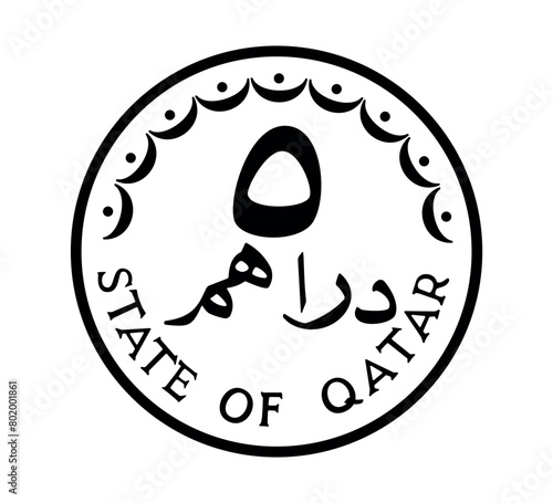 5 dirhams coin of Qatar. Coin side isolated on white background. The coin is depicted in black and white. Vector illustration.