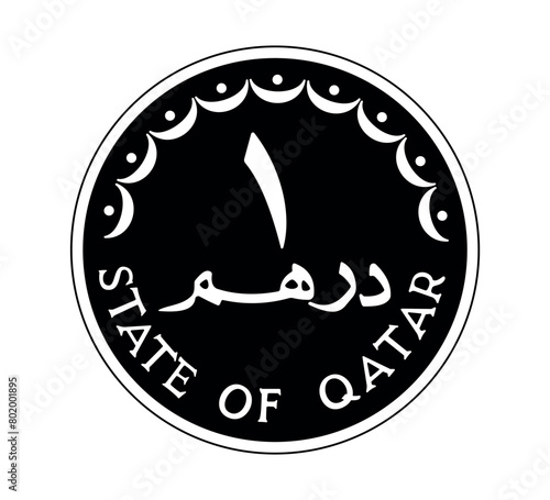 1 dirhams coin of Qatar. Coin side isolated on white background. The coin is depicted in black and white. Vector illustration.