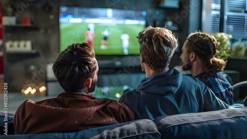 Male friends on couch watching soccer competition on TV in living room . Concept Friendships, Sports, Entertainment, Relaxation, Television viewing © Anastasiia
