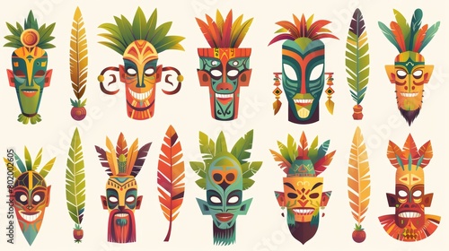This is a cartoon representation of tiki masks. A Hawaiian tribal totem head decorated with leaves and feathers. This is an illustration set of african and polynesian traditional wooden faces. An