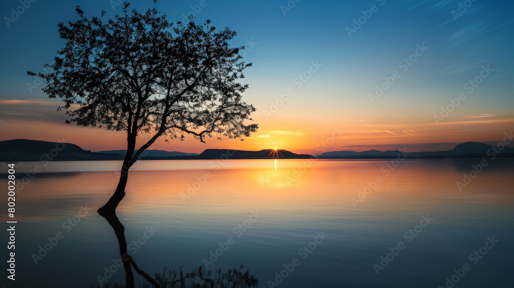 Solitude at Twilight: Silhouetted Tree by the Lake. Generative AI Solitude at Twilight: Silhouetted Tree by the Lake. Generative AI