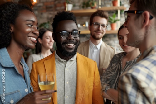 Cheerful young African man in eyeglasses holding glass of champagne and looking at camera with colleagues in background