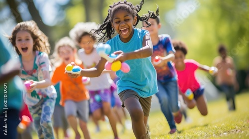 Energetic multicultural children playing colorful balloon at playground while wearing casual cloth. Happy elementary student smiling and enjoy running and holding balloon. Creative activity. AIG42.