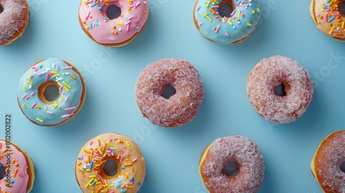 Assorted glazed donuts on a pastel blue background photo