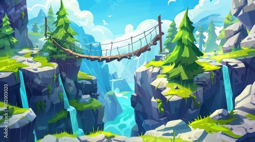 Rope bridge in mountains with waterfall. Modern illustration of rocky canyon landscape  fir tree forest  green grass on cracked stones  blue sunny sky  travel adventure background.