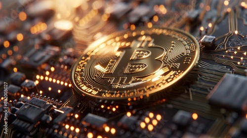 A gold-colored Bitcoin coin is in the foreground with an out of focus background of blue and yellow lights.