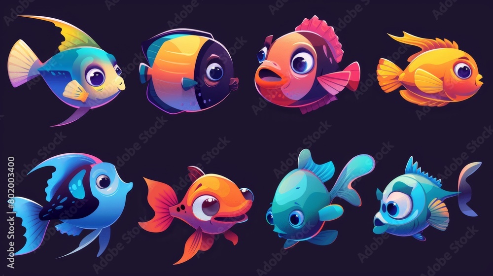 Cartoon fish with fins and smiling lips. Modern illustration set of underwater fish and creatures from an aquarium or marine habitat. Cartoon fish with fins and smiling lips. Modern illustration set of underwater fish and creatures from an aquarium or marine habitat.