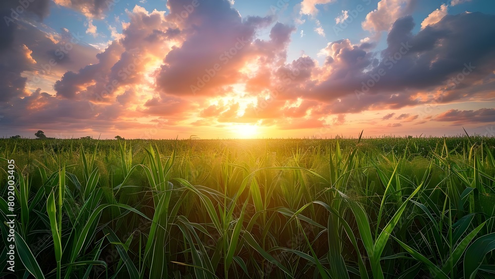 Golden Hour Illuminates Sugarcane Field, Nourishing the Food Industry with Vibrancy and Vitality. Concept Agriculture, Rural Economy, Sugarcane Cultivation, Golden Hour Photography, Natural Lighting