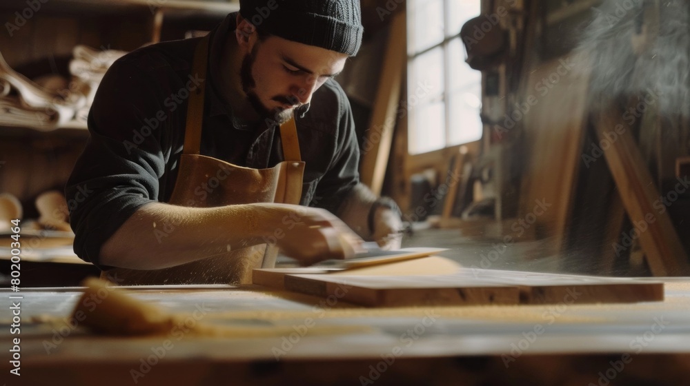 A man is working on a project in a workshop A man is working on a project in a workshop