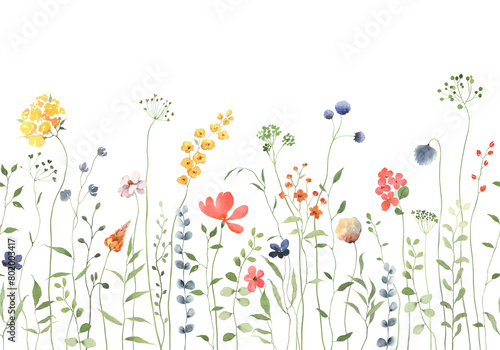 Floral watercolor seamless border with abstract delicate green plants and colorful wildflowers. Isolated floral hand drawn illustration for wallpapers or garden background with design elements.