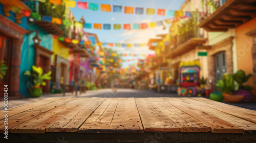 A blank rustic wooden table top with a colorful background of a blurred mexican street scene photo
