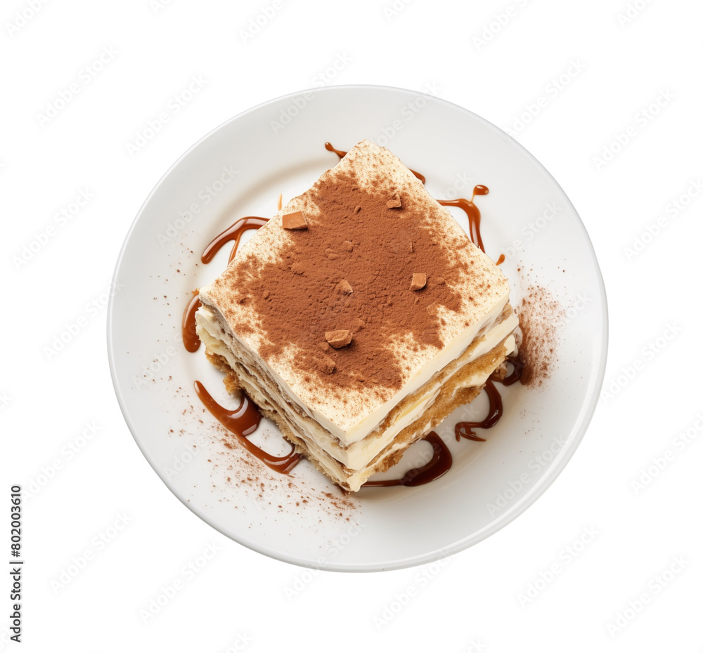 Delicious tiramisu cake on a plate with cocoa powder topping and caramel drizzle, on a transparent background, top view. Generative AI Delicious tiramisu cake on a plate with cocoa powder topping and caramel drizzle, on a transparent background, top view. Generative AI