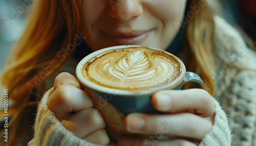 Closeup image of a beautiful young woman holding and drinking hot coffee in cafe photo