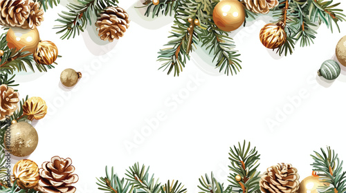Fir branches with Christmas balls and cones on white
