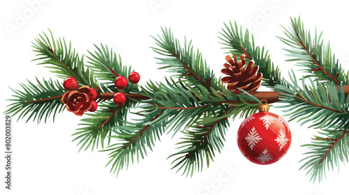 Fir tree branch with Christmas ball on white background
