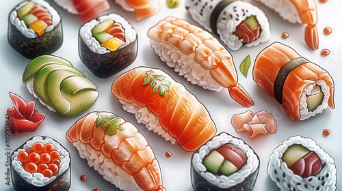 A set of cute and simple illustrations, featuring various types of sushi with different fillings such as salmon sashimi, avocado maki, and mozzarella buttered white fish sushi. Generative AI.