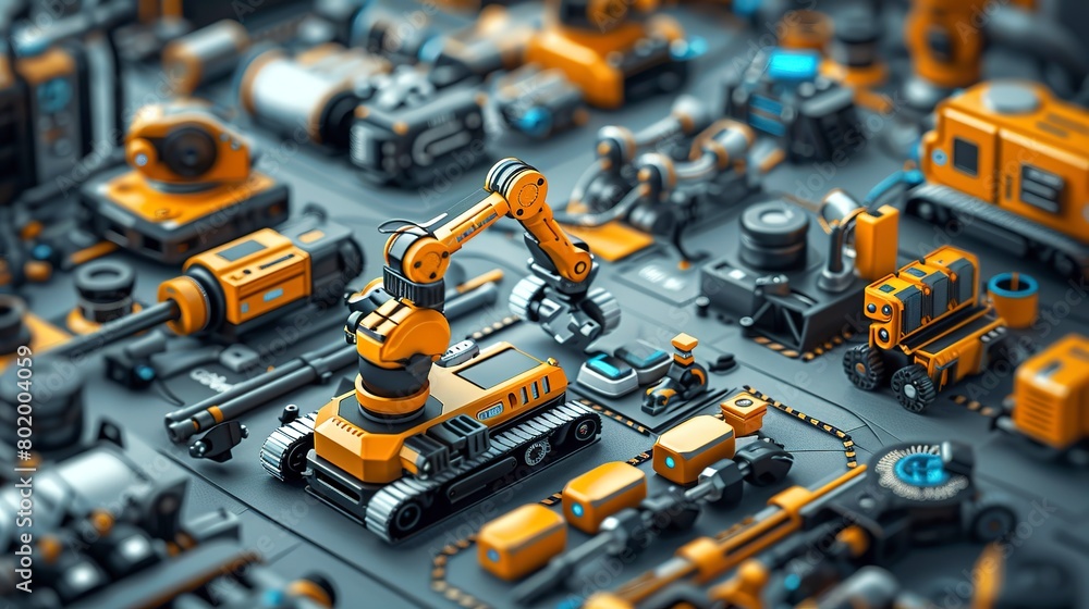 Robotics and Automation: Visuals depicting robots in manufacturing, service robots, and drones. Robotics and Automation: Visuals depicting robots in manufacturing, service robots, and drones.